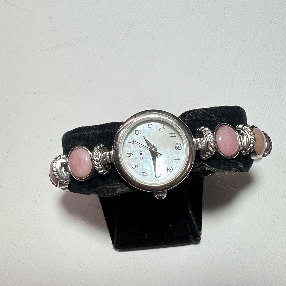 CLASSIC VINTAGE STERLING SILVER CORAL COLOR QUARTZ WATCH 7.25" New Battery